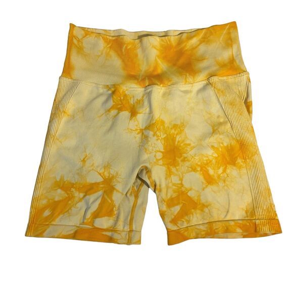 Yoga Trendy Allover Print Wideband Waist Sports Short Tie Die Yellow W26 - Picture 1 of 12